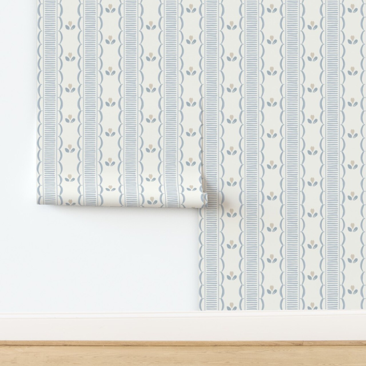 Cottagecore Floral Farmhouse Stripe Scallop Country Rustic Grandmillennial Cottage Vintage Floral Feminine Girly Blue Lines Tulip Spring Custom Removable Wallpaper by Spoonflower Peel & Stick Wallpaper 2FT Wide